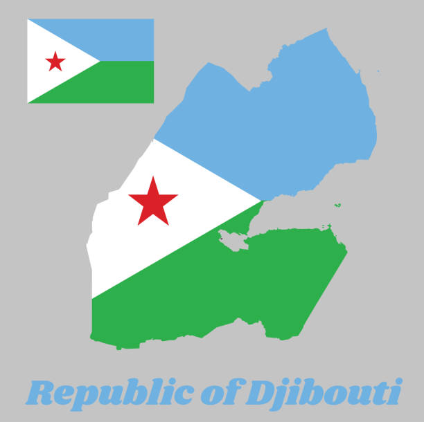 Map outline and flag of Djibouti, A horizontal bi-color of light blue and light green, with a white isosceles triangle at the hoist bearing a red star in its center. Map outline and flag of Djibouti, A horizontal bi-color of light blue and light green, with a white isosceles triangle at the hoist bearing a red star in its center. with name text Republic of Djibouti. isosceles triangle stock illustrations