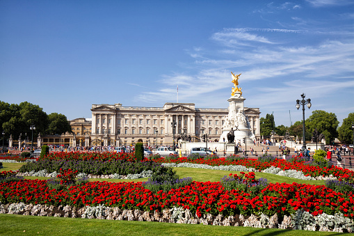 August 7, 2018 Beautiful flowerbeds in front of Buckingham Palace on a summer morning, London, England, UK.