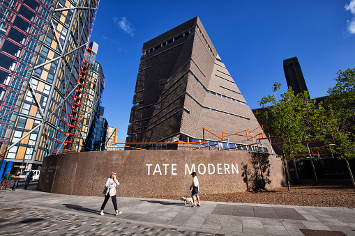 August 8, 2018 People walking by Tate Modern, an art gallery in south bank of London on a summer morning, England, UK.