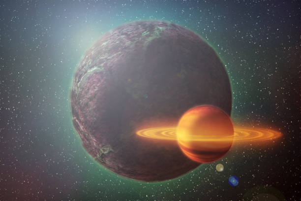 istock Red red-hot planet moves in outer space among the stars, abstract illustration. 1019777904