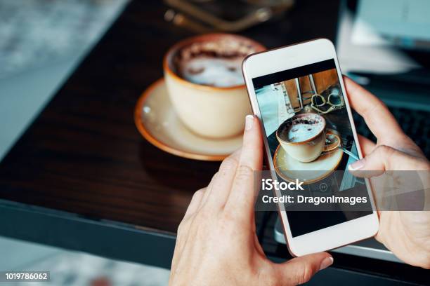 Blogger Photographing Coffee Stock Photo - Download Image Now - Photographing, Smart Phone, Photography