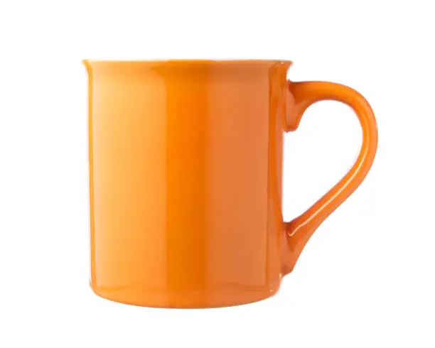 Orange coffee cup isolated on white background.