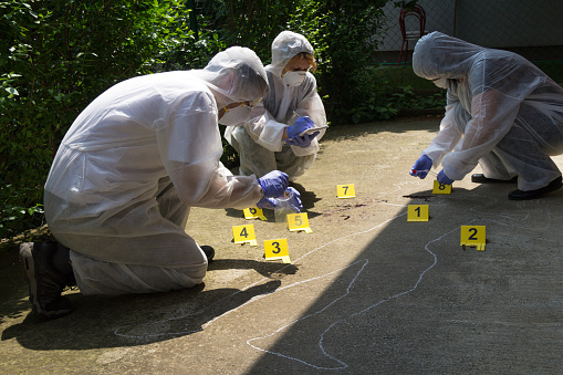 A team of three forensics collects proofs