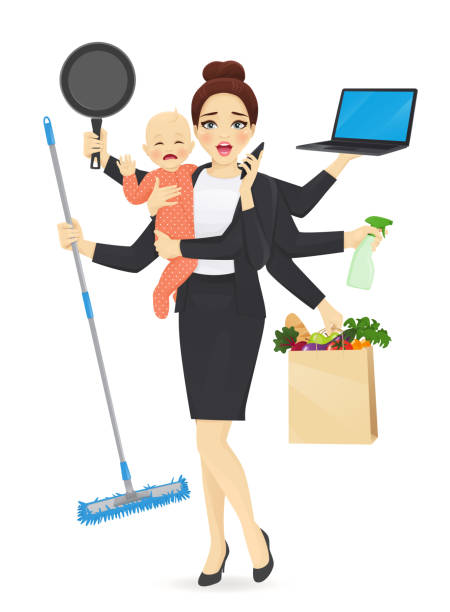Busy mother with baby Mother with newborn baby in business clothes cleaning, shopping, talking by phone, cooking and working vector illustration crying baby cartoon stock illustrations