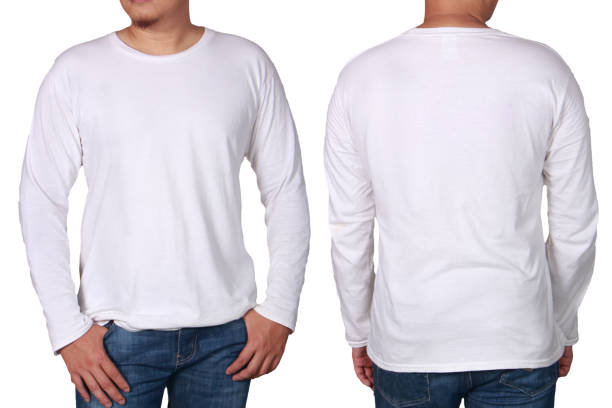 White Long Sleeved Shirt Design Template White long sleeved t-shirt mock up, front and back view, isolated. Male model wear plain white shirt mockup. Long sleeve shirt design template. Blank tees for print white long sleeve shirt stock pictures, royalty-free photos & images