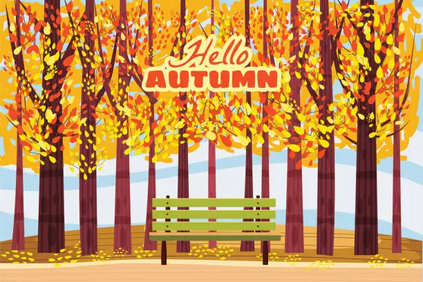 Vector illustration of Hello autumn, Autumn alley, path in the park, bench, fall, autumn leaves, mood, color, vector, illustration, cartoon style, isolated