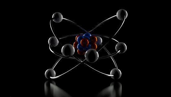 Atom on black background. 3d illustration