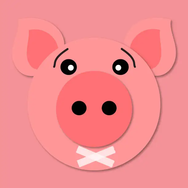 Vector illustration of Pig muzzle close up. Funny and cute pig face in cartoon style. 3d paper art. Vector. Pig icon. Tape over lips