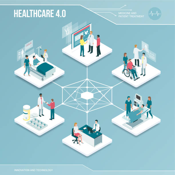 Digital core: online healthcare and medical services Digital core: online healthcare and medical services isometric infographic with people doctors office stock illustrations