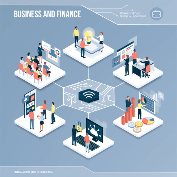 Digital core: business and finance Digital core: business, finance and networks isometric infographic with people accounting firm stock illustrations