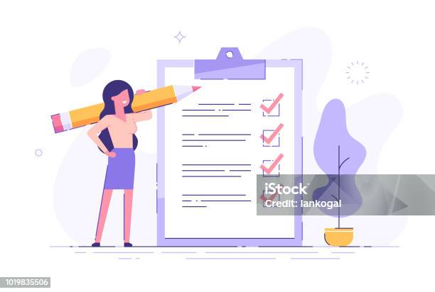 Positive Business Woman With A Giant Pencil On His Shoulder Nearby Marked Checklist On A Clipboard Paper Successful Completion Of Business Tasks Flat Vector Illustration Stock Illustration - Download Image Now