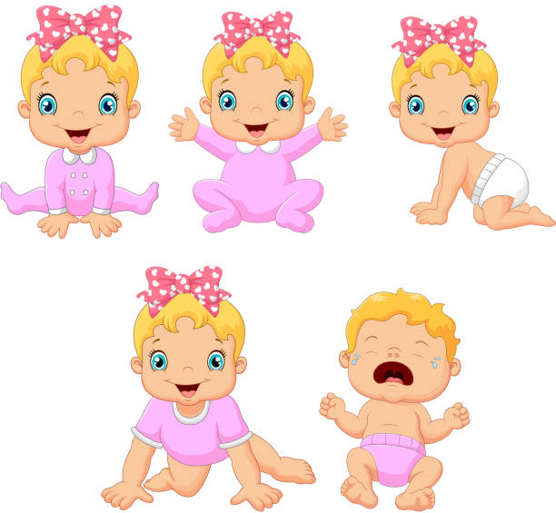 illustrazioni stock, clip art, cartoni animati e icone di tendenza di bambina dei cartoni animati in diverse espressioni - diaper baby crawling cartoon