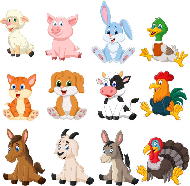 bauernhof tiere set - animal farm cartoon livestock stock-grafiken, -clipart, -cartoons und -symbole