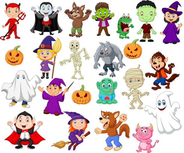 illustrations, cliparts, dessins animés et icônes de grandes collections de dessins animés halloween - halloween witch child pumpkin