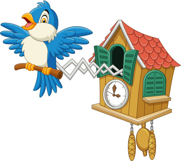 кукушка часы с голубой птицей щебетание - birdhouse animal nest bird tree stock illustrations