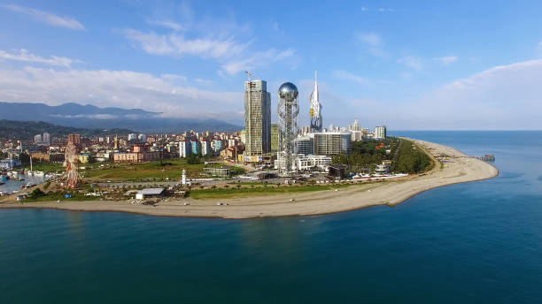 Buildings standing on seacoast of Batumi Georgia, aerial view from sea, resort Buildings standing on seacoast of Batumi Georgia, aerial view from sea, resort batumi stock pictures, royalty-free photos & images
