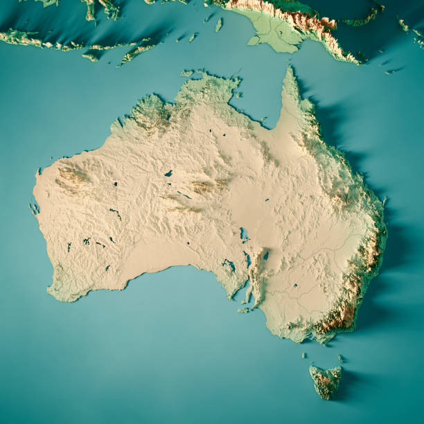 color de mapa topográfico de render 3d de australia - australia map fotografías e imágenes de stock