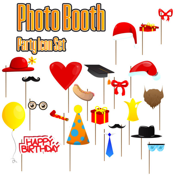 satz von party foto stand requisiten. - wearing hot dog costume stock-grafiken, -clipart, -cartoons und -symbole