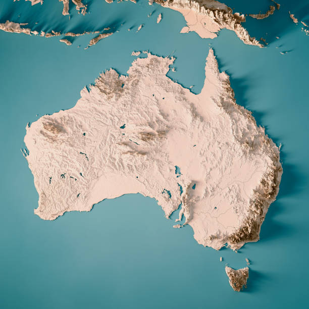 Australia 3D Render Topographic Map Neutral 3D Render of a Topographic Map of Australia.
All source data is in the public domain.
Color texture and Rivers: Made with Natural Earth. 
http://www.naturalearthdata.com/downloads/10m-raster-data/10m-cross-blend-hypso/
http://www.naturalearthdata.com/downloads/10m-physical-vectors/
Relief texture: SRTM data courtesy of USGS. URL of source image: 
https://e4ftl01.cr.usgs.gov//MODV6_Dal_D/SRTM/SRTMGL1.003/2000.02.11/
Water texture: HIU World Water Body Limits:
http://geonode.state.gov/layers/?limit=100&offset=0&title__icontains=World%20Water%20Body%20Limits%20Detailed%202017Mar30 topographic map photos stock pictures, royalty-free photos & images