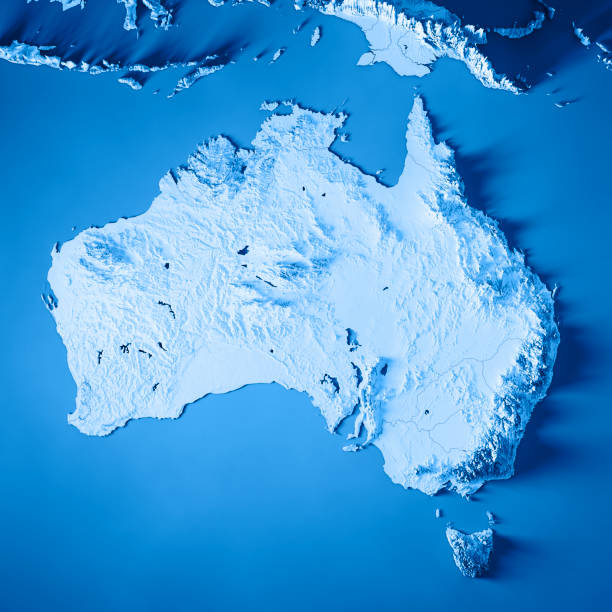 австралия 3d render топографическая карта синий - arafura sea стоковые фото и изображения