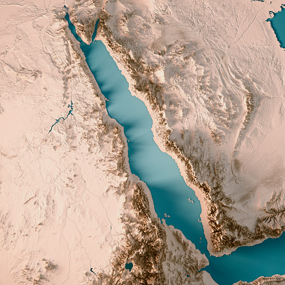 3D Render of a Topographic Map of the Red Sea, North Africa, Middle East.
All source data is in the public domain.
Color texture and Rivers: Made with Natural Earth. 
http://www.naturalearthdata.com/downloads/10m-raster-data/10m-cross-blend-hypso/
http://www.naturalearthdata.com/downloads/10m-physical-vectors/
Relief texture: SRTM data courtesy of USGS. URL of source image: 
https://e4ftl01.cr.usgs.gov//MODV6_Dal_D/SRTM/SRTMGL1.003/2000.02.11/
Water texture: HIU World Water Body Limits:
http://geonode.state.gov/layers/?limit=100&offset=0&title__icontains=World%20Water%20Body%20Limits%20Detailed%202017Mar30