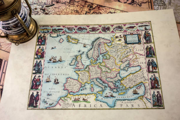 Beautiful colorful vintage old map with ancient lantern