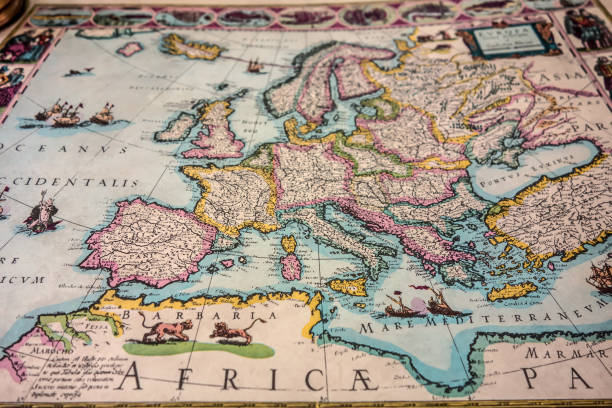 Beautiful colorful vintage old map decorated with a picturesque border of portraits of the middle ages.