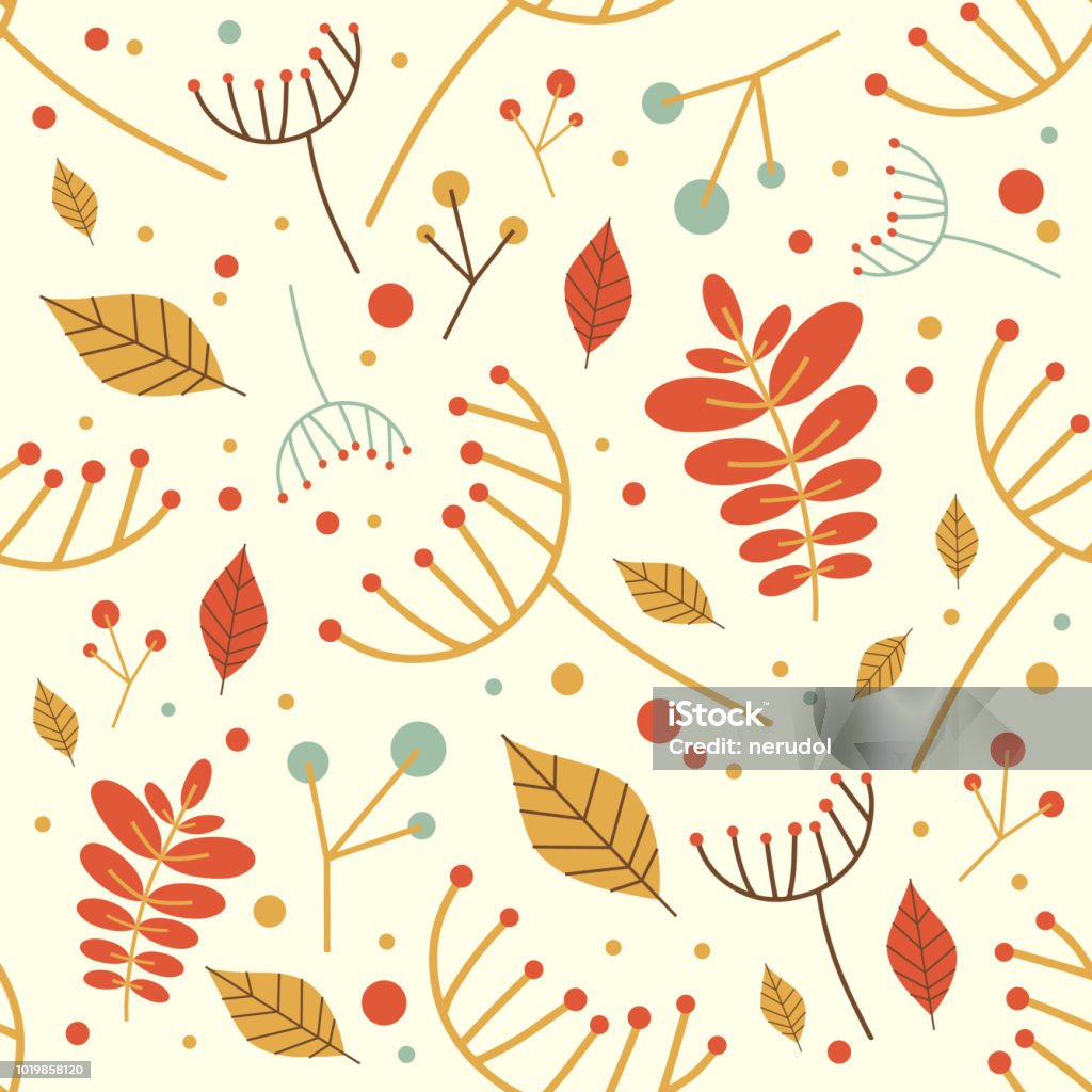 Autumn pattern with small autumn leaves Autumn fall seamless pattern with leaves and small branches. Orange, Red, Yellow and Green. Perfect for wallpaper, gift paper, web page background, greeting cards. Abstract stock vector