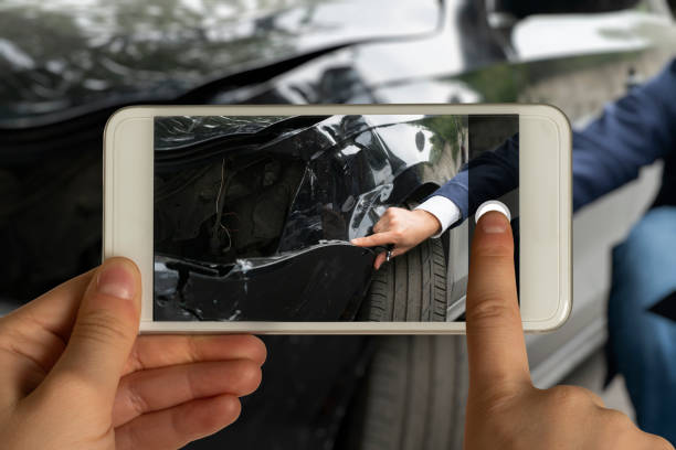Using Mobile Smartphone Take Photo Car Crash Accident Car Accident, Car Insurance, Mobile Phone, Crash, Pointing bumper photos stock pictures, royalty-free photos & images