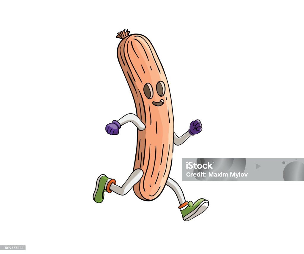 Sausage runner run on a marathon race Sausage runner cartoon character run on a marathon race. Vector illustration Art stock vector