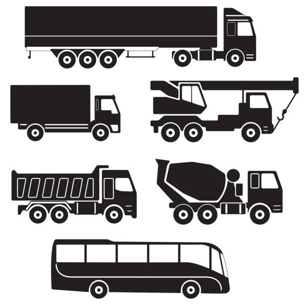 zestaw ikon samochodów ciężarowych. kolekcja wektorów pojazdów: betoniarka, dźwig samochodowy, wywrotka, ciężarówka z kontenerem towarowym, ciężarówka i autobus. - truck sign car transporter industry stock illustrations
