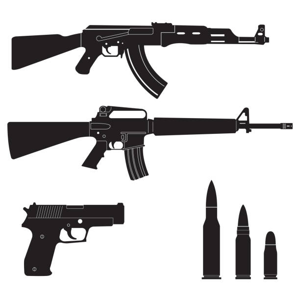 무기 그리고 군 세트입니다. 기계 총, 권총과 총알 블랙 아이콘 흰색 배경에 고립 된 하위. 벡터 일러스트입니다. - rifle stock illustrations