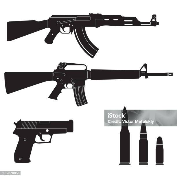 Weapons And Military Set Sub Machine Guns Pistol And Bullets Black Icons Isolated On White Background Vector Illustration Stock Illustration - Download Image Now
