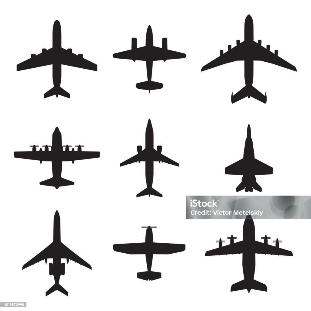 Plane icon set. Airplane silhouettes. Vector illustration. Airplane icons set isolated on white background. Vector silhouettes of passenger aircraft, fighter plane and screw. Airplane stock vector