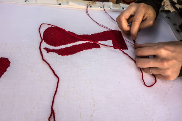 istock Hands of an embroideress with a needle and red threads close-up 1019871132
