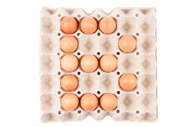 istock Raw brown Chicken Eggs In paper container tray box arranged English alphabet is 