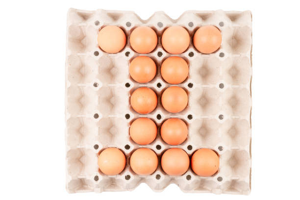 istock Raw brown Chicken Eggs In paper container tray box arranged English alphabet is 