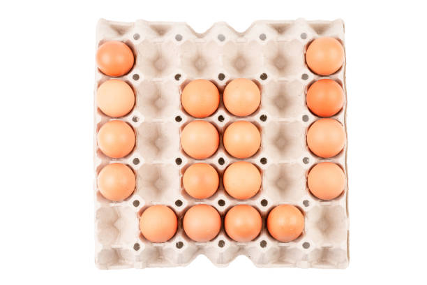 istock Raw brown Chicken Eggs In paper container tray box arranged English alphabet is 