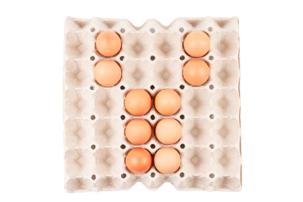 istock Raw brown Chicken Eggs In paper container tray box arranged English alphabet is 