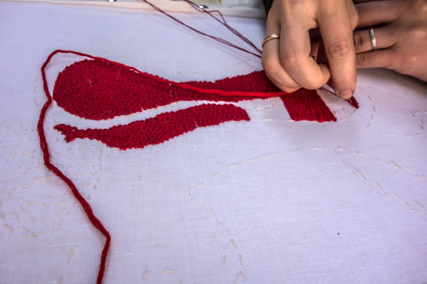 istock Hands of an embroideress with a needle and red threads close-up 1019876270