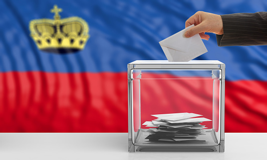 Voter on an waiving Liechtenstein flag background. 3d illustration