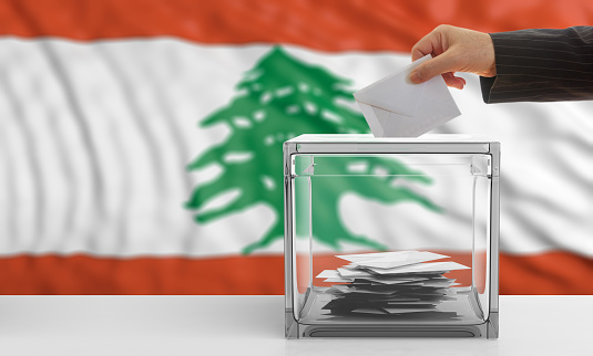 Voter on an waiving Lebanon flag background. 3d illustration