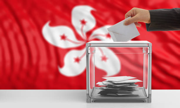 istock Voter on a Hong Kong flag background. 3d illustration 1019876356