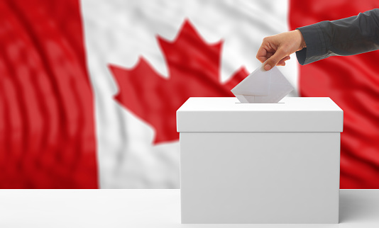 Votante en un fondo de bandera de Canadá. Ilustración 3D photo