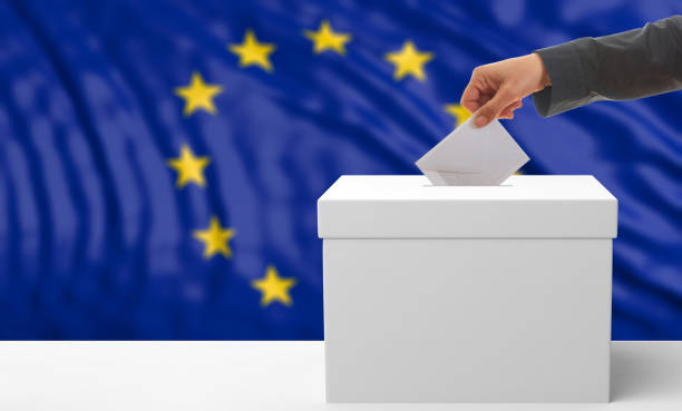 istock Voter on an EU flag background. 3d illustration 1019876412