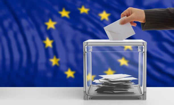 istock Voter on an EU flag background. 3d illustration 1019876446