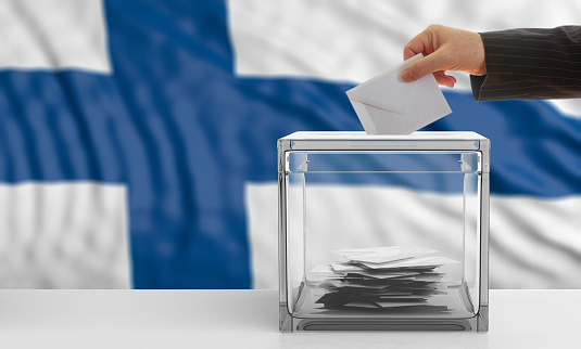 Voter on an waiving Finland flag background. 3d illustration