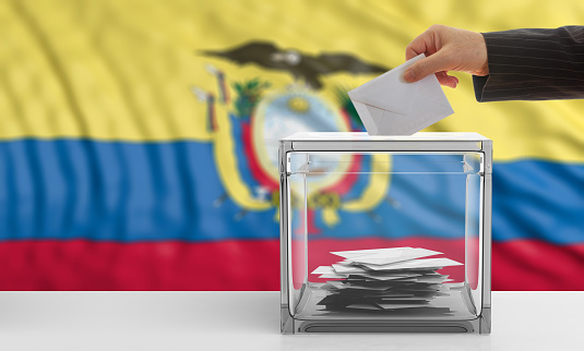 Voter on an waiving Ecuador flag background. 3d illustration