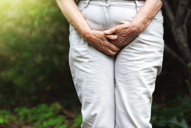Old female hands clutching groin anxiously. Possible incontinence problem. The wrinkled hands of an old woman press on her groin area through her trousers in an effort to prevent involuntary urination. Urinary Tract Infections In Old Age stock pictures, royalty-free photos & images