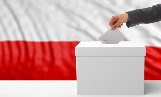 Voter on an waiving Poland flag background. 3d illustration